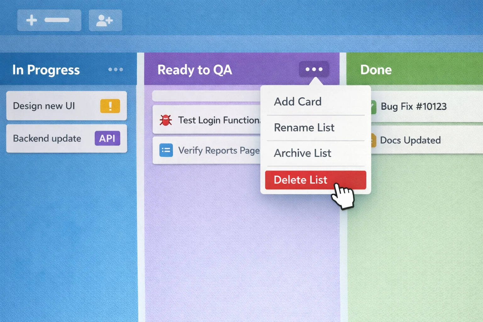 Tablero Kanban mostrando columna de QA siendo eliminada